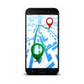 City plan with GPS navigation, city map route navigation smartphone, phone point marker, itinerary destination city map